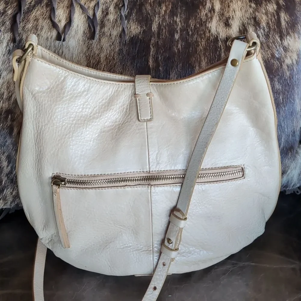 Lucky Brand Cream Colored Leather With Brass Ring/Tassel Crossbody Bag